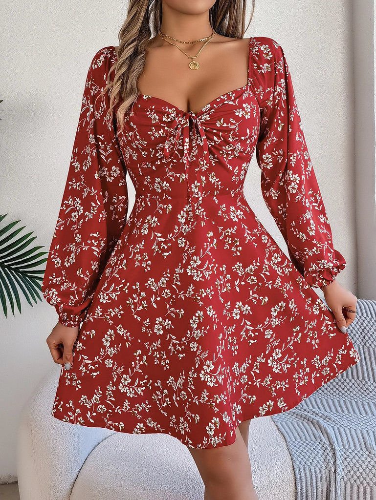 Floral Print Square Neck Dress With Long Sleeve Lace Up
