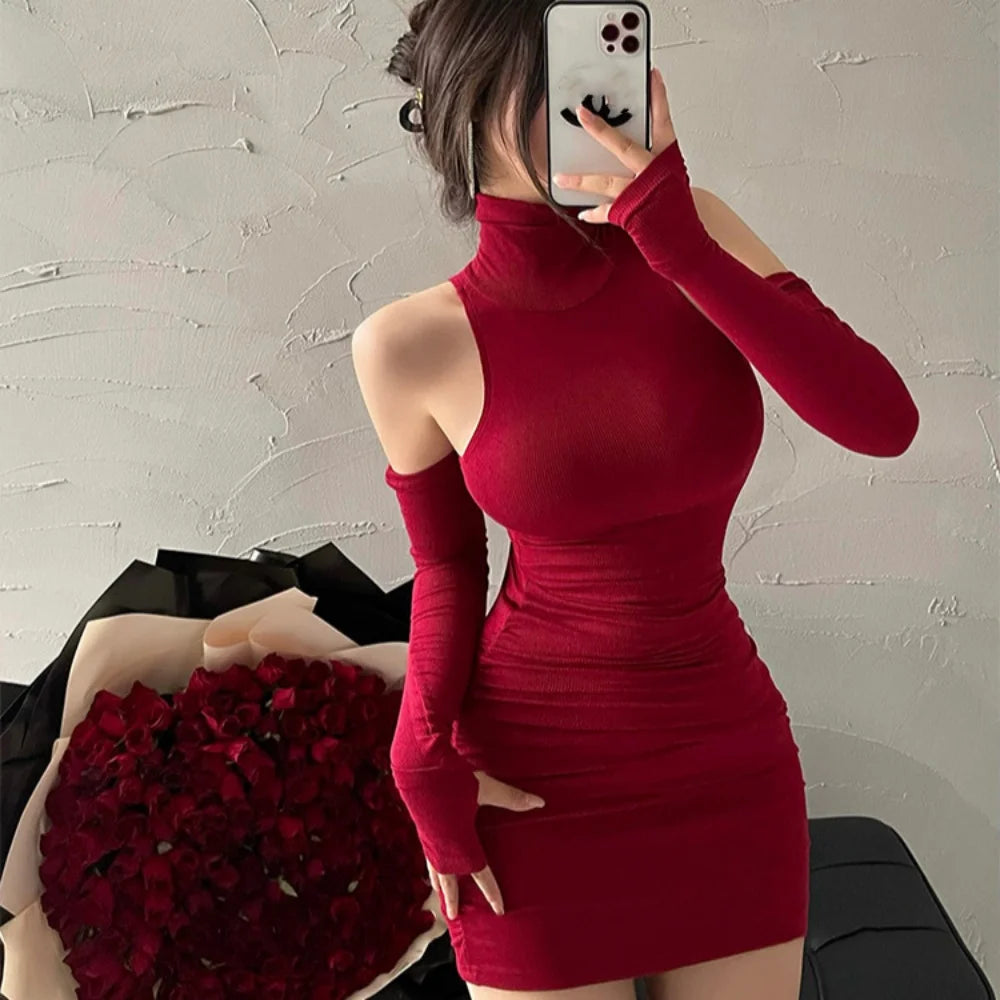 Red Bodycon Mini Dress High Neck Slim Fit Evening Party