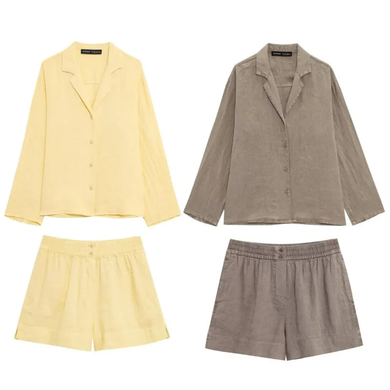 Women Mid Waist Elastic Waist Shorts Set with V Neck Long Sleeve Button-Up Shirt Casual Two Piece Outfit in soft colors.