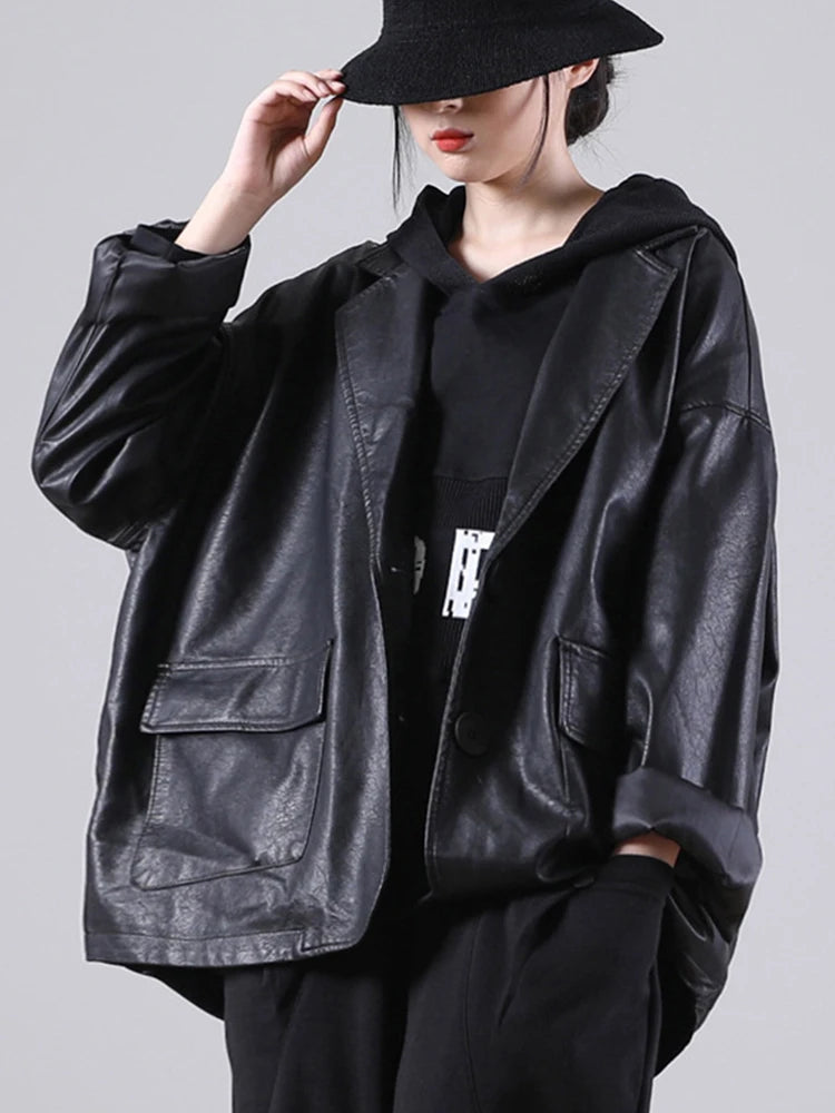 Women Black Faux Leather Biker Jacket Loose PU Coat