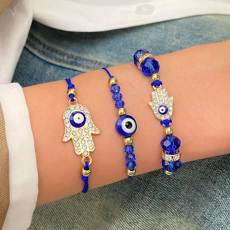 Handmade 3 Pieces Lucky Turkish Blue Evil Eye Bracelets with Fatima Hand Hamsa and Butterfly Charm for stylish protection.
