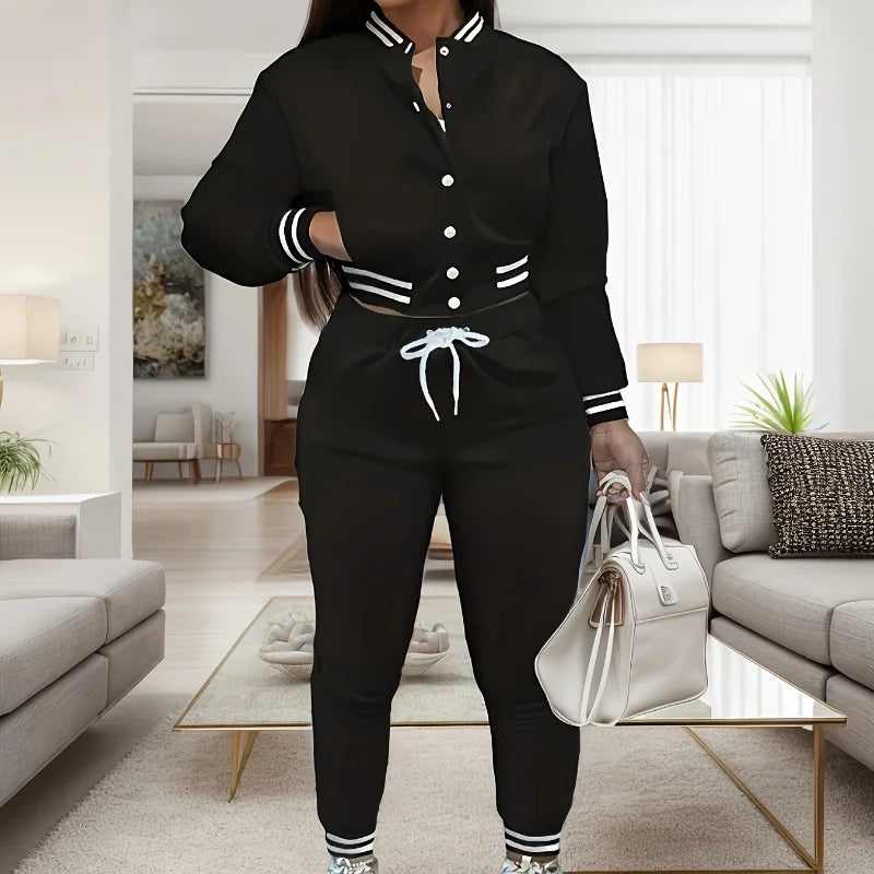 Women’s Pure Color Spring Two-Piece Jacket And Pants Set Single-Breasted Baseball Style Outerwear For Casual Sportswear