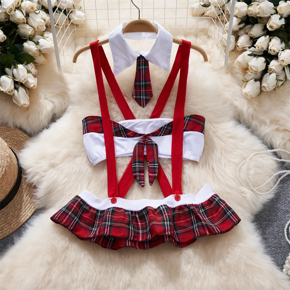 Sexy Student Cosplay Lingerie Set Hollow Cross Strap Crop Top with Mini Pleated Plaid Skirt Women’s Uniform Pajama Costume