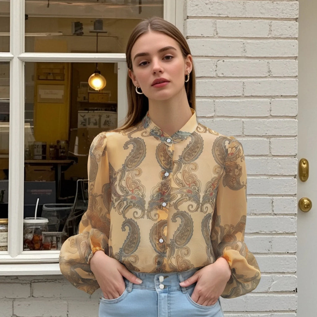 Elevate your style with the PB&ZA Womens Sheer Chiffon Blouse with High Neckline Puff Long Sleeves and Paisley Print.