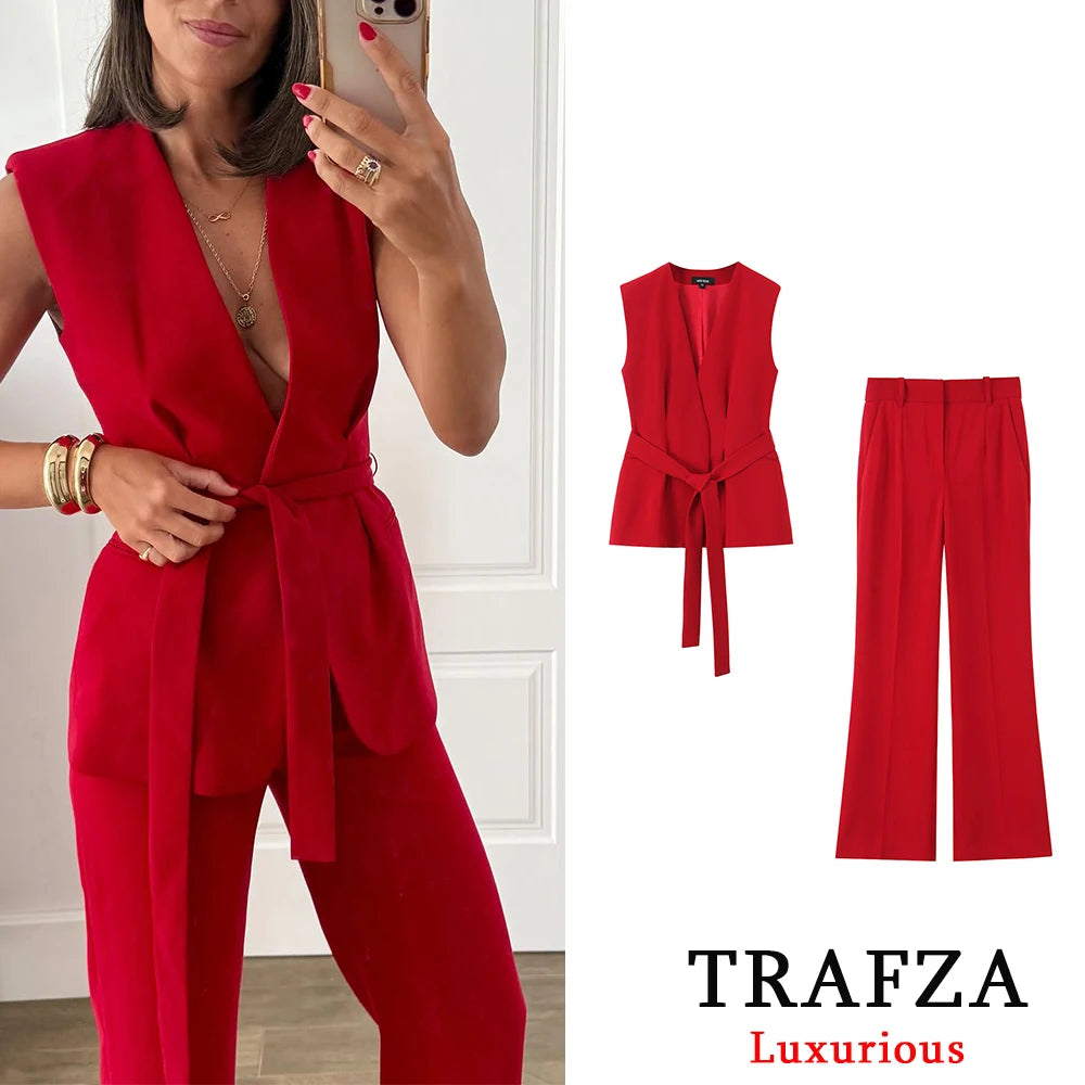 Chic Red Sleeveless Blazer and High Waist Wide Leg Pants Set for Office Ladies with V Neck and Sashes by TRAFZA.