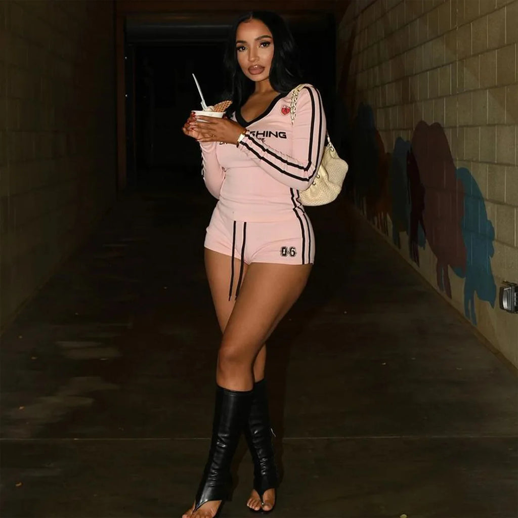 Women Two Piece Tracksuit Set With Cropped Top And Shorts