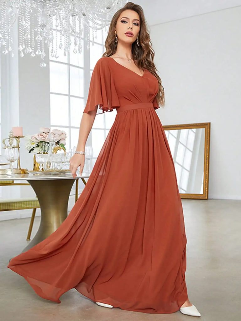 V Neck Flared Short Sleeve Lightweight Chiffon Dress