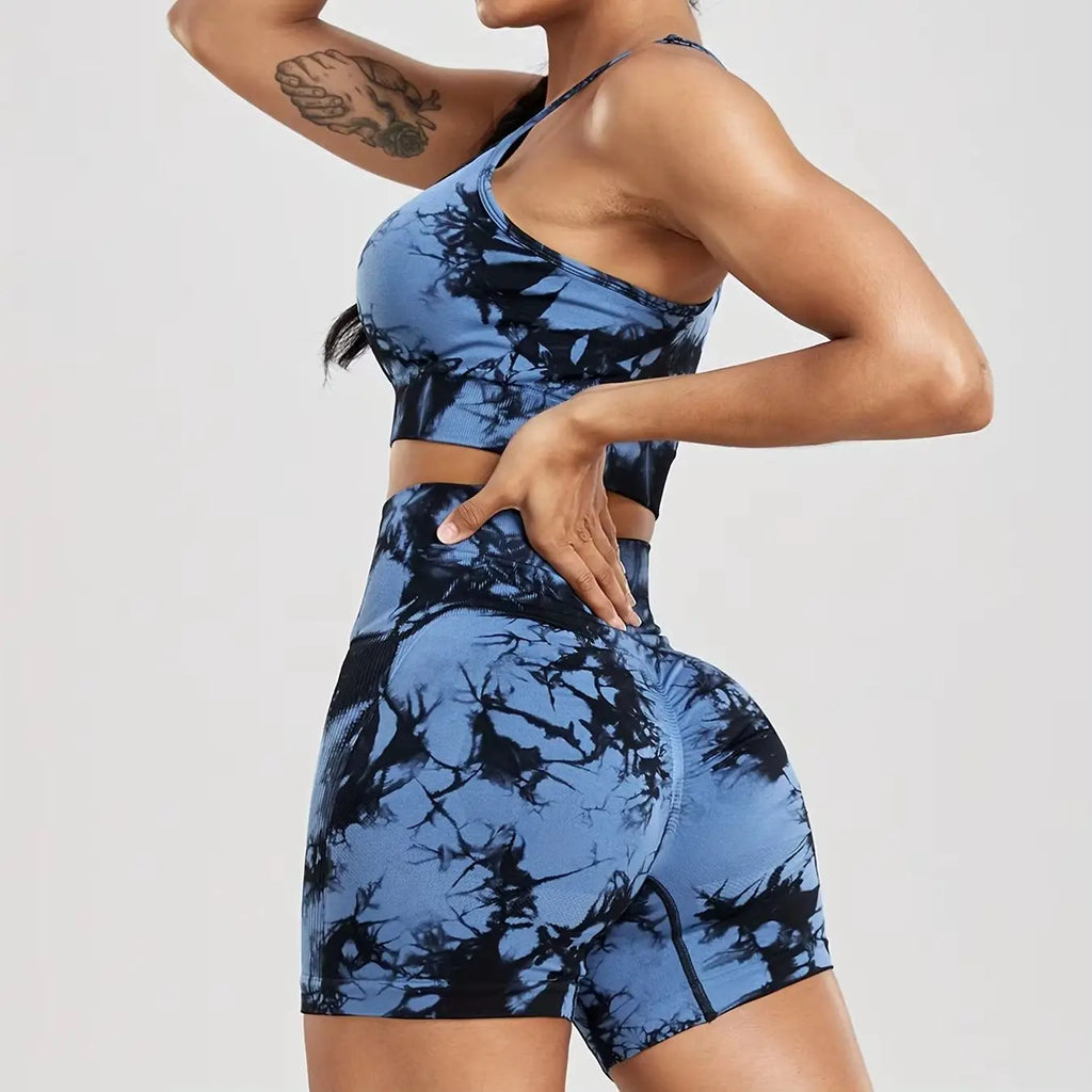 Stylish 2-Piece Women Tie-Dye Sports Shorts and Crop Top Set, perfect for yoga, fitness, and biking workouts.