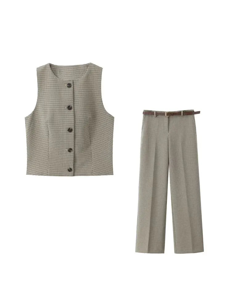 Elevate your style with TRZA’s Women’s Checkered Button-Up Waistcoat with High Waist Belted Straight Pants Two-Piece Set.