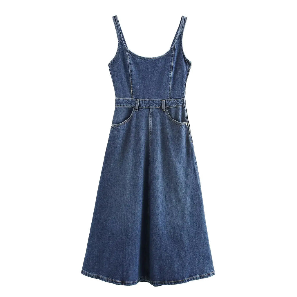 Womens Suspender Dress Round Neck Sleeveless Casual Slim Fit