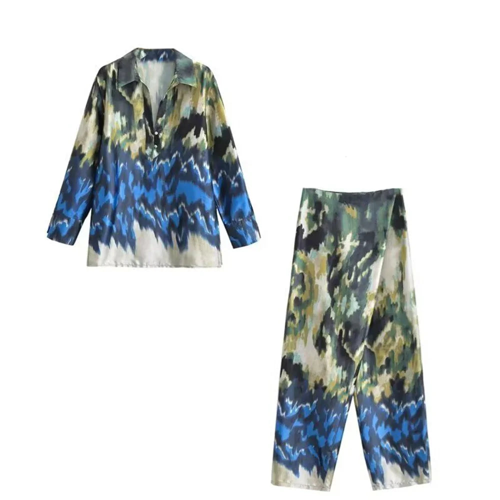 Elevate your wardrobe with this Women's Printed Shirt and Scarf Printed Pants Set for Spring and Summer Fashion.