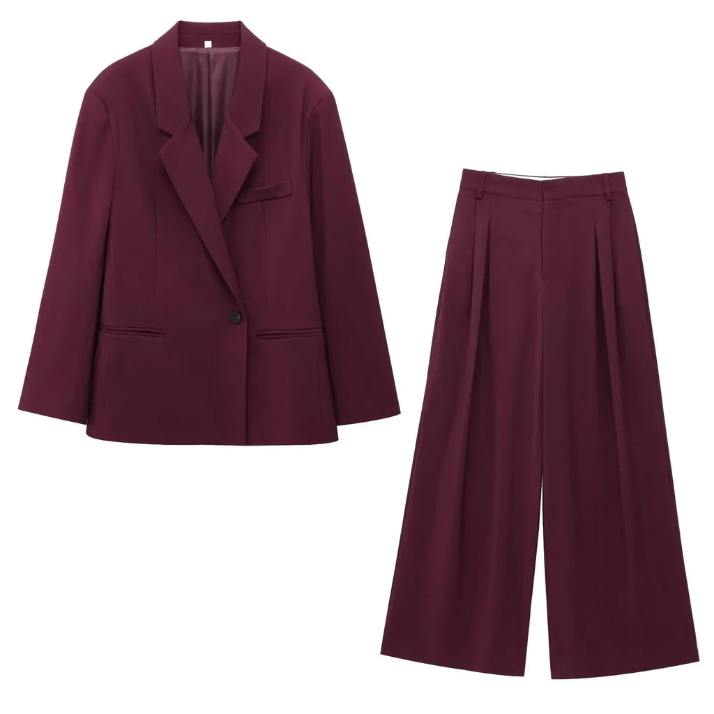 Chic Women's Oversized Suit Jacket and High Waist Wide-Leg Trousers Set with Double-Breasted Top for Spring Fashion.