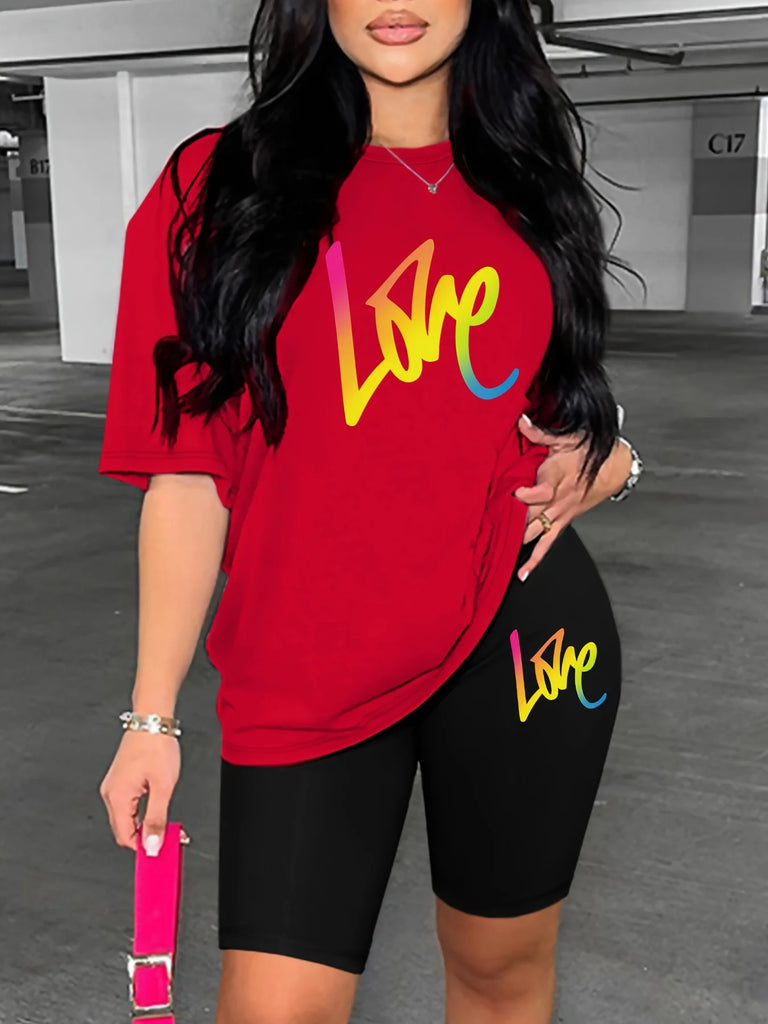Stylish Women’s Summer Casual Two-Piece Set Loose Fit Love Letter Print Round Neck Short Sleeve T-Shirt and Shorts Lounge Wear.