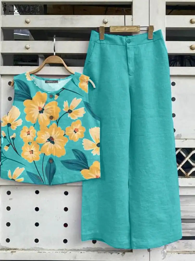 Floral Print Two Piece Sleeveless Vest Top And Pants Set For Women