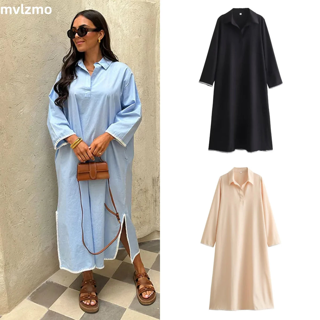 Green Embroidery Shirt Dress With Cuffed Sleeves Split Hem