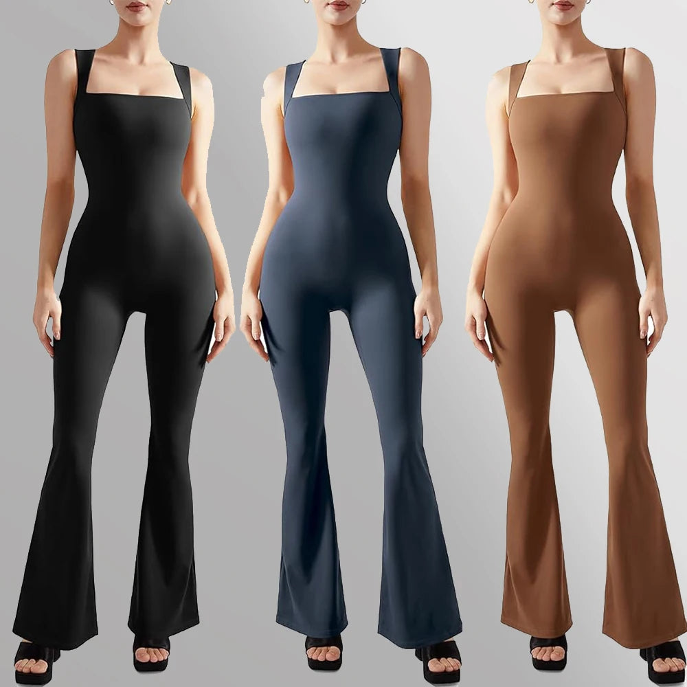 Women’s Sleeveless Square Neck Bodysuit with Flared Pants Casual Fitness Jumpsuit, perfect for stylish streetwear looks.