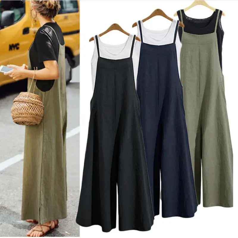 Stylish Women's Summer Sleeveless Wide Leg Jumpsuit Solid Color Cotton Linen Bib Overalls for a casual, loose fit look.