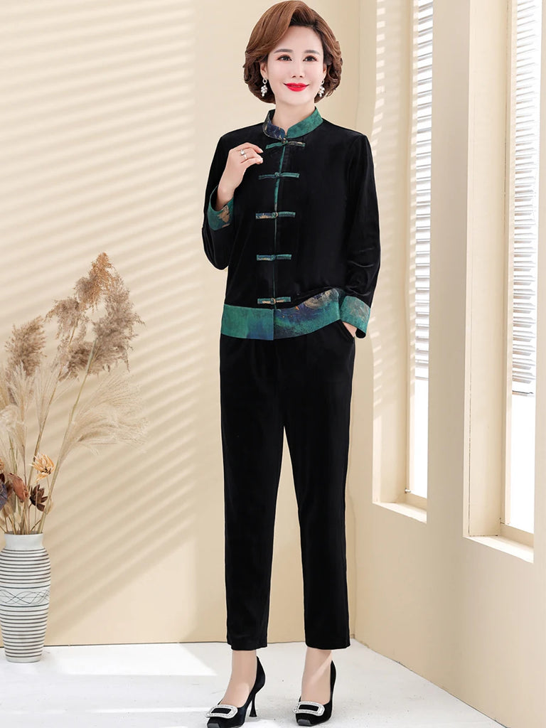 Elegant Velvet Tracksuit 2 Piece Set for Women Casual Fashion Lounge Outfit with Tang Suit Top and Pants in Large Size.