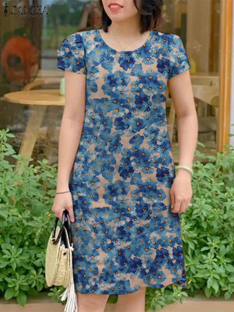Boho Floral Print Knee Length Dress For Women With Pockets