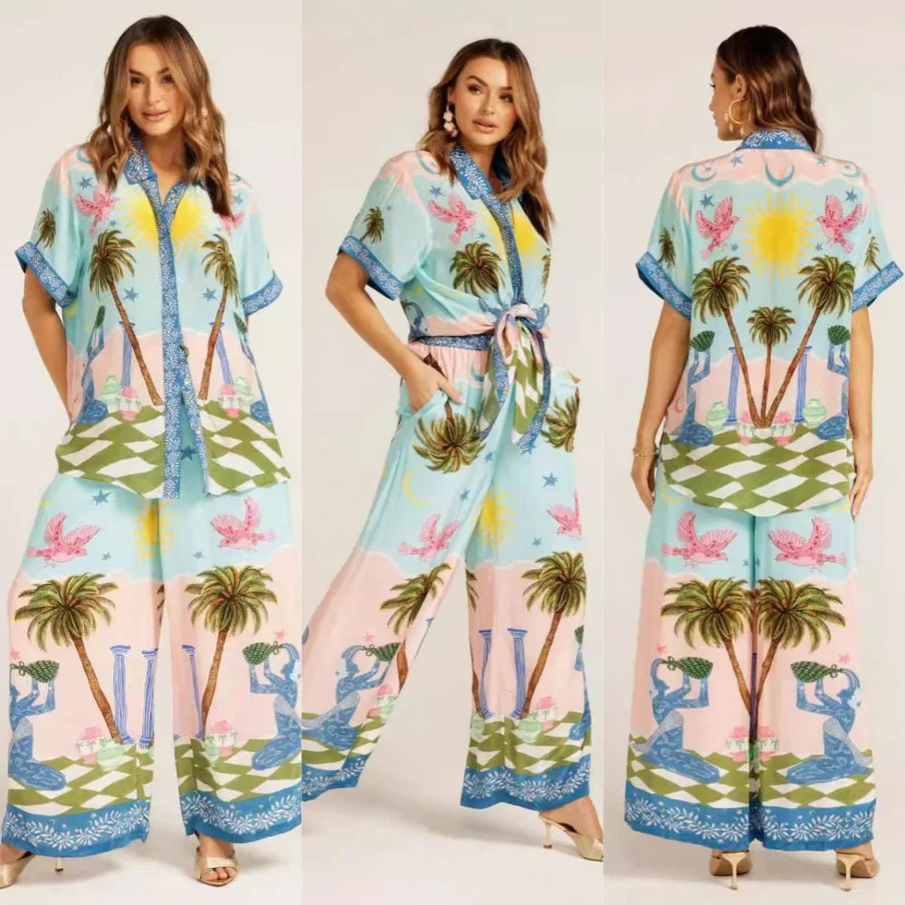 Women’s Summer 2 Piece Set Casual Loose High Waisted Wide Leg Pants and Printed Half Sleeve Shirt Matching Outfit