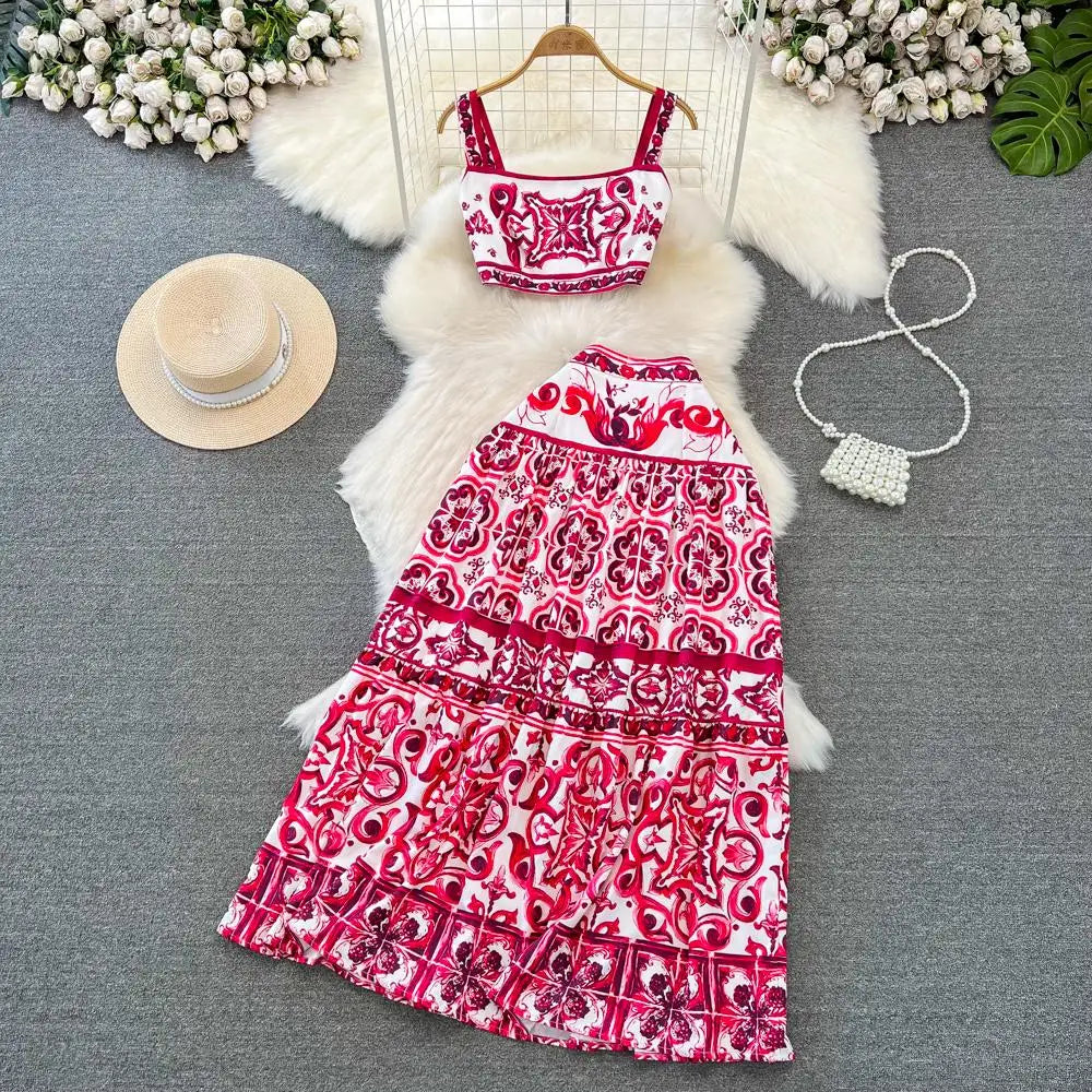 Porcelain Print Spaghetti Strap Maxi Skirt Set Women