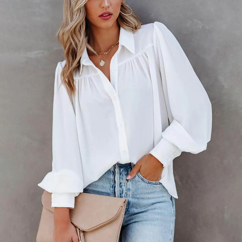 Casual White and Yellow Button-Up Lapel Cardigan Shirt for Women Loose Long Sleeve Oversized Blouse Tunic Top styled beautifully.