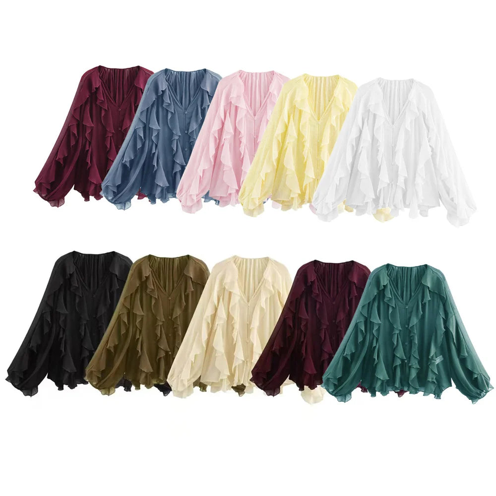 Shop UNIZERA's Women's Retro Loose V Neck Layered Casual Shirt Lightweight Temperament Blouse for Spring in vibrant colors.