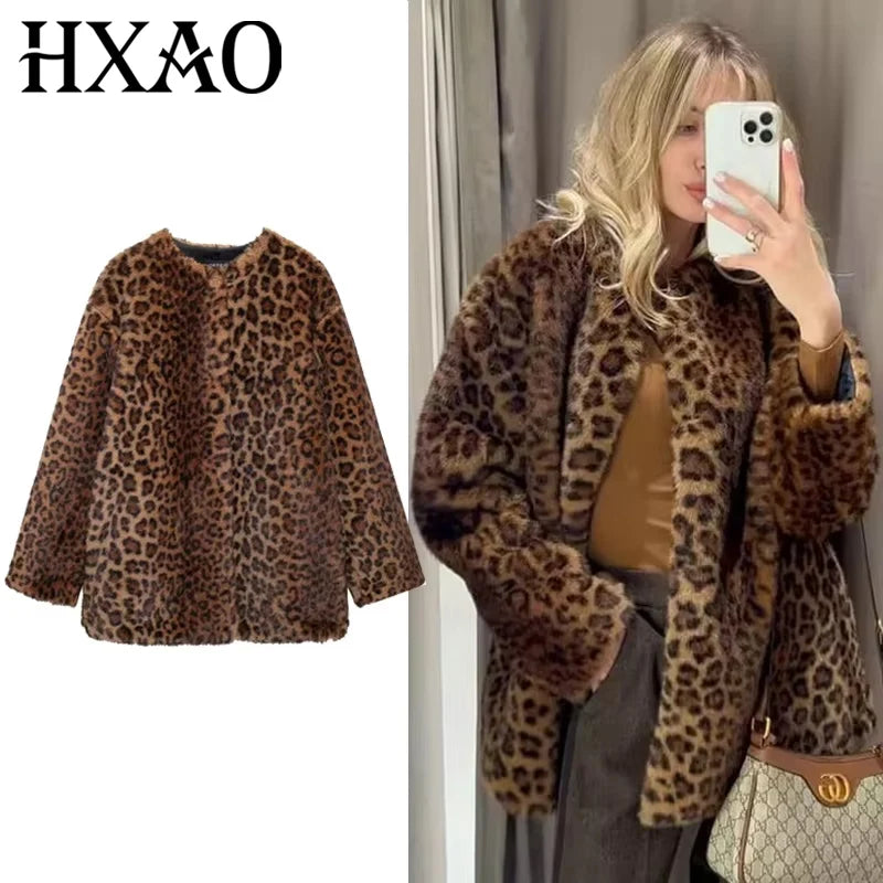 Leopard Print Faux Fur Coat Women Warm Winter Outerwear