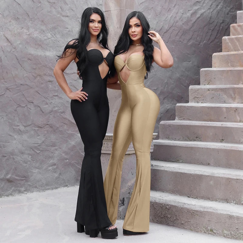 Stylish CUTENOVA V-Neck Strapless Hollow Out One-Piece Jumpsuit Tight Fit Sporty Fitness Bodysuit for Buttock and Abdomen Lifting.