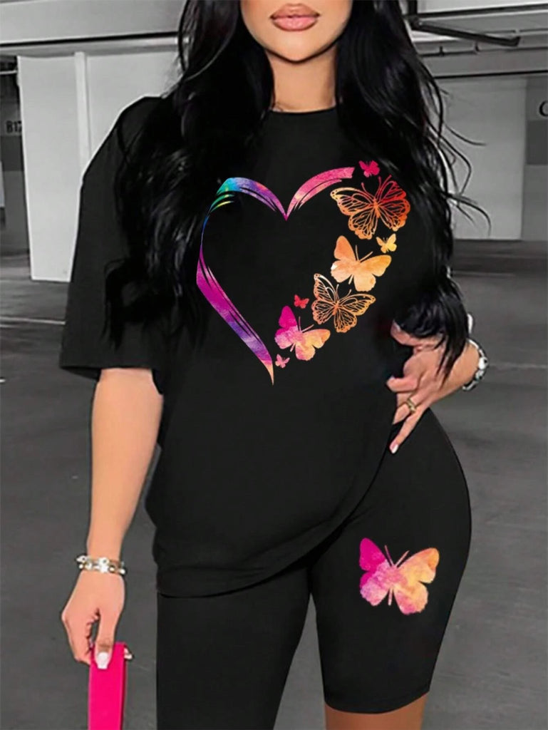 Butterfly Print Two Piece Set For Women Cotton T Shirt And Shorts Casual Outfit