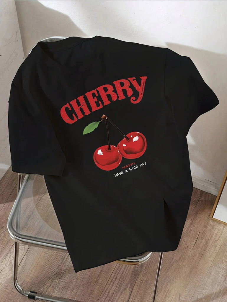 Cherry Print Casual Short Sleeve T-Shirt for Women, Comfortable Crew Neck Top for Spring and Summer