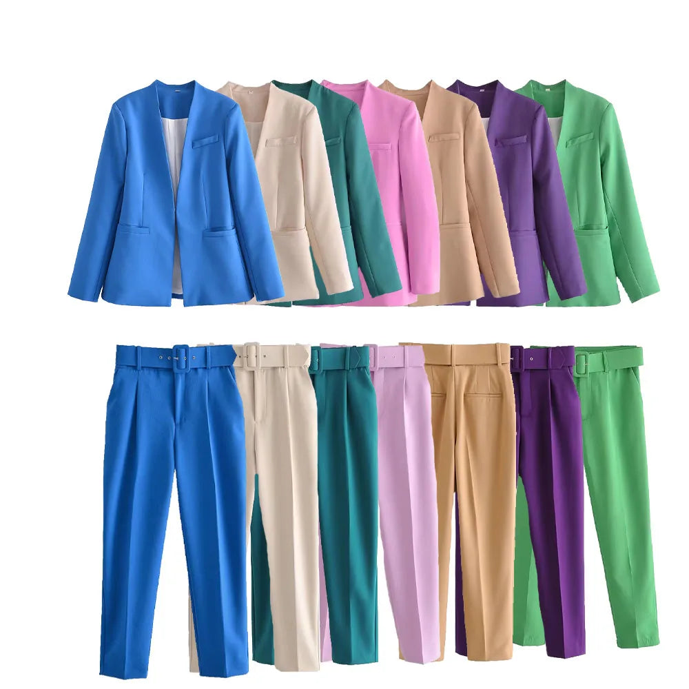 Bright and stylish Women's Solid Color Suit Set with Buckle Free Belt Design for Spring and Summer Fashion.