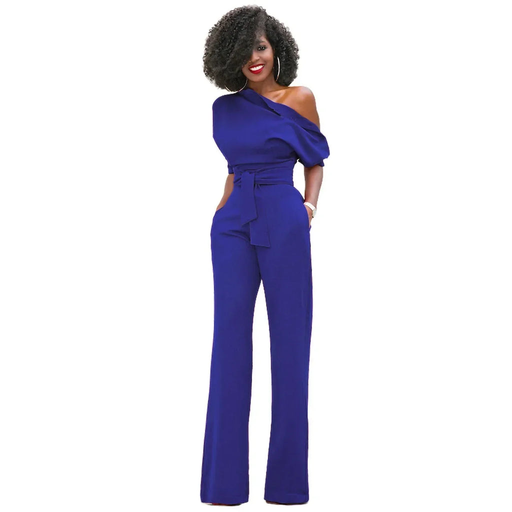 Solid Color Wide Leg Jumpsuit With Slanted Collar Design