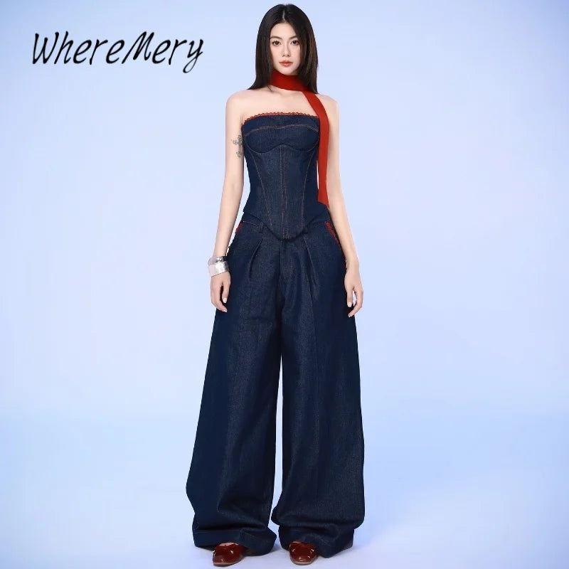 Stylish Off Shoulder Sleeveless Slim Fit Crop Top with High Waist Loose Leg Pants Two Piece Set for Women by WhereMery.