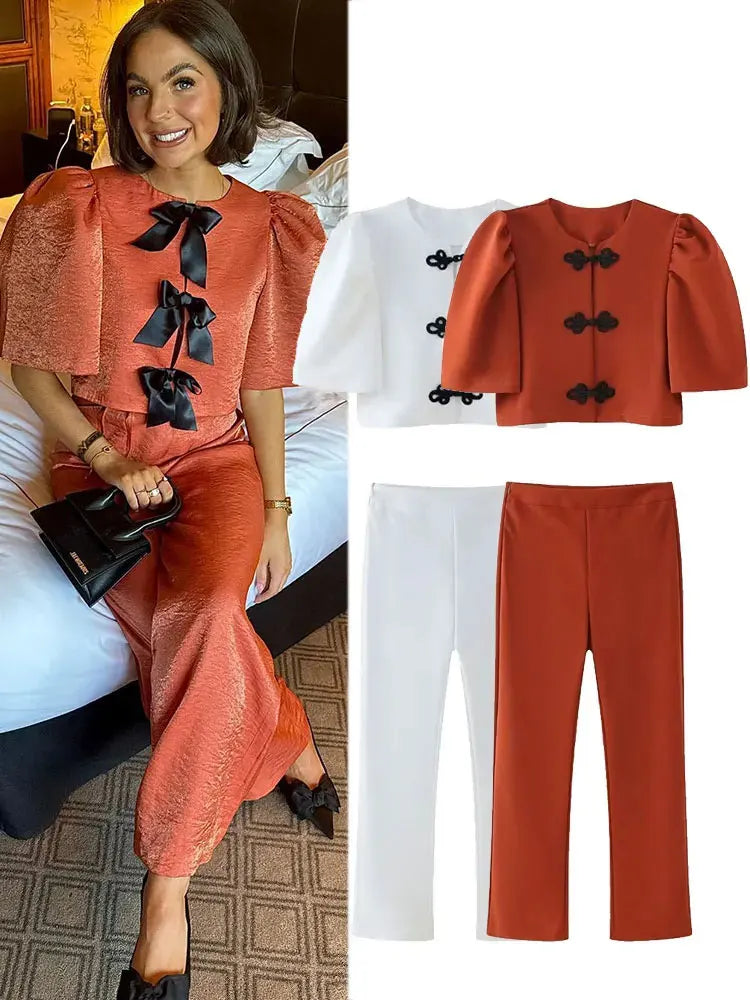 Women's Summer Two Piece Set Puff Sleeve Round Neck Top and Zipper Mid Rise Pants Solid Color Street Style Outfit