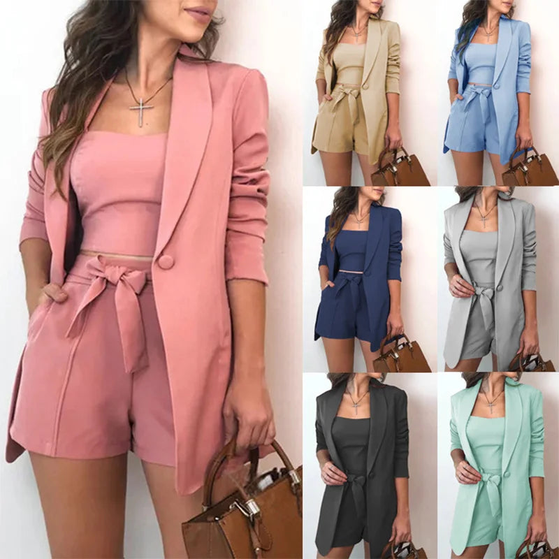 Three Piece Solid Tank Top Blazer Shorts Set For Women Casual Chic
