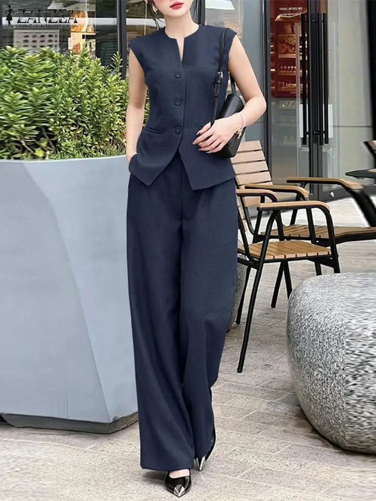 Two Piece Women's Sleeveless Vest And Wide Leg Pants Suit Set For Work Casual Retro Style Solid Colors