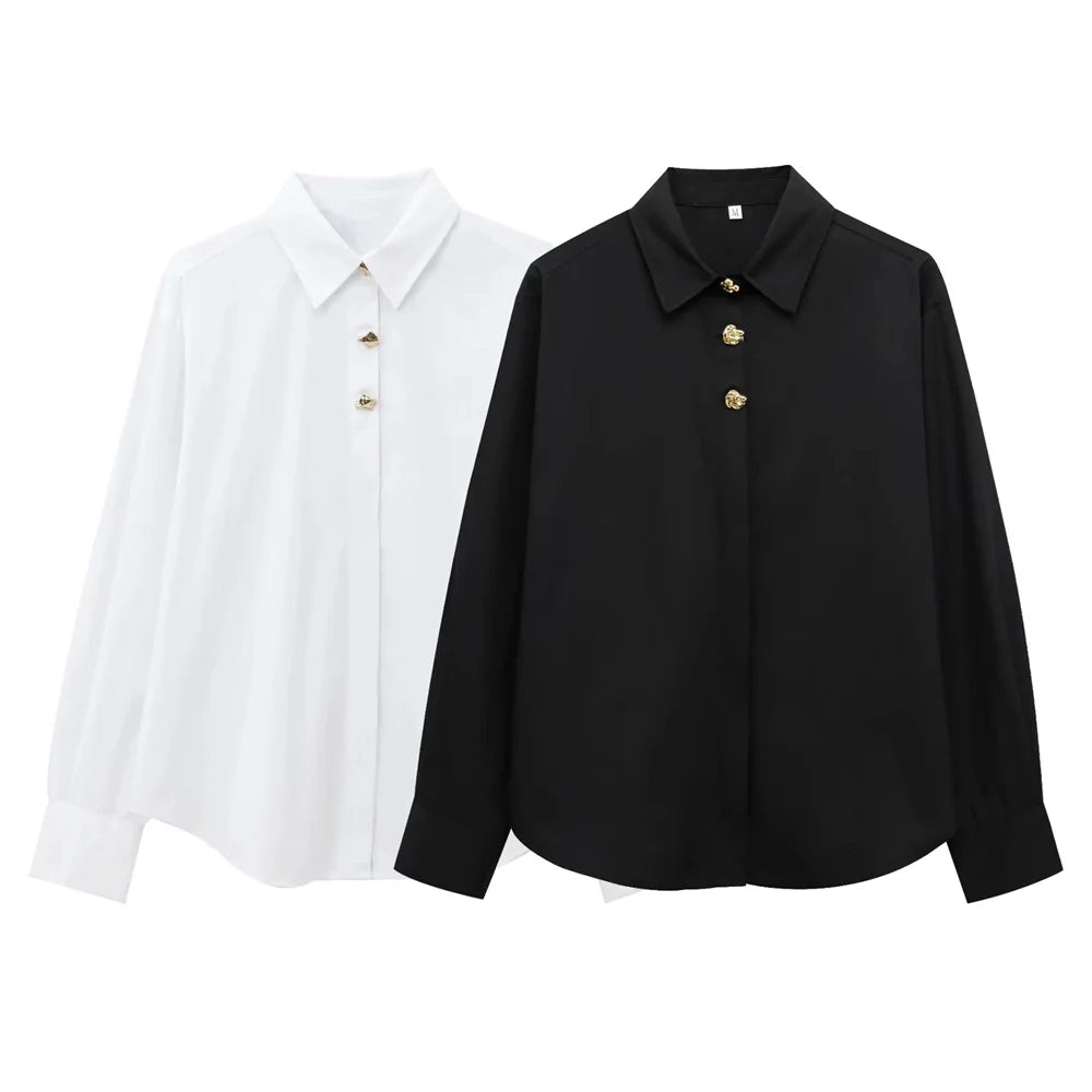 Stylish Solid Color Casual Collar Long Sleeve Poplin Shirt for Women with Gold Buckle Accent and Loose Fit by UNIZERA.