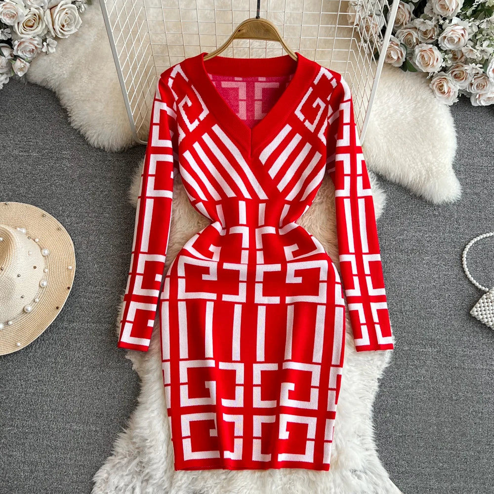 Geometric Knitted Bodycon Dress for Autumn Winter Women