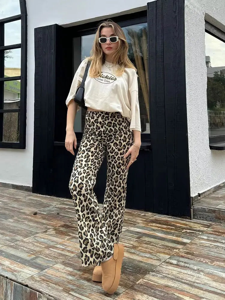 Leopard Print Wide Leg Pants for Women High Waist Slim Trousers