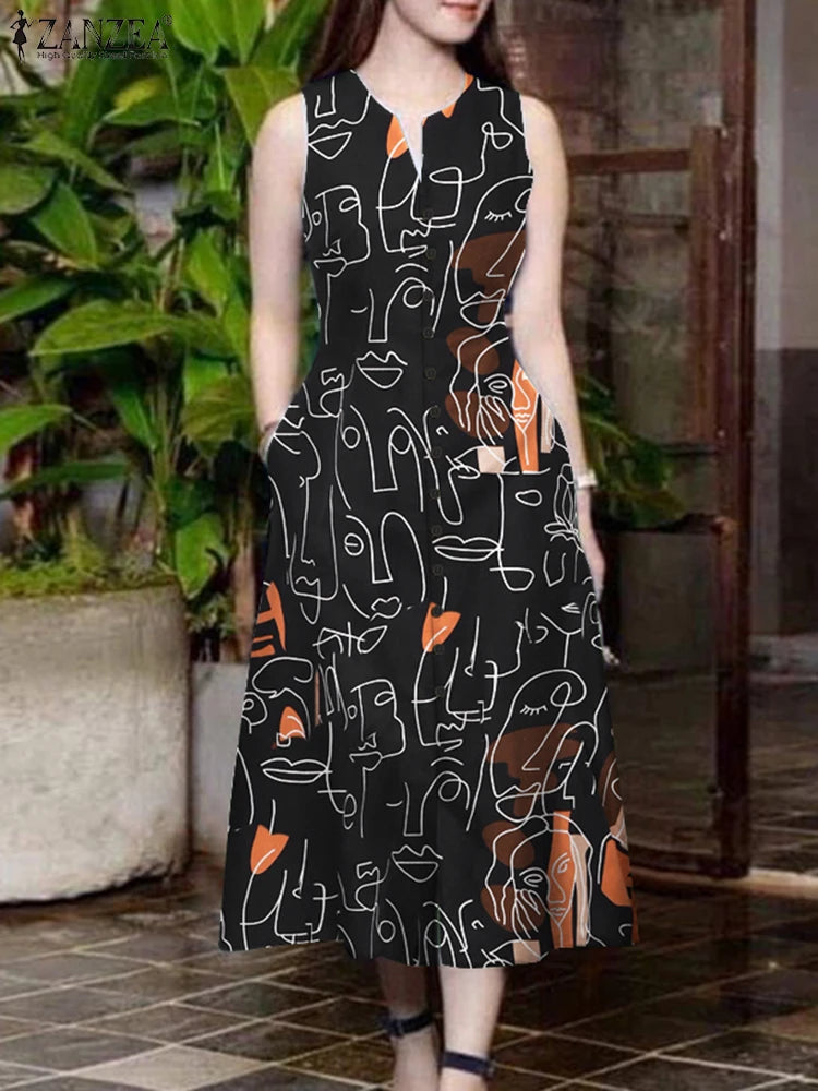 V Neck Sleeveless A Line Printed Sundress For Summer