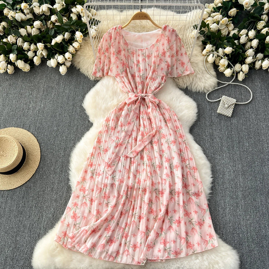 Retro Floral Chiffon Midi Dress With Ruffle Details