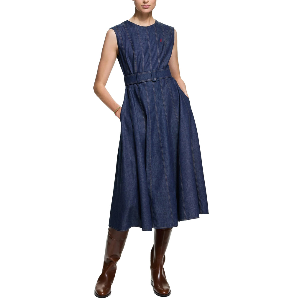 Denim Maxi Dress For Women Sleeveless High Waist O Neck