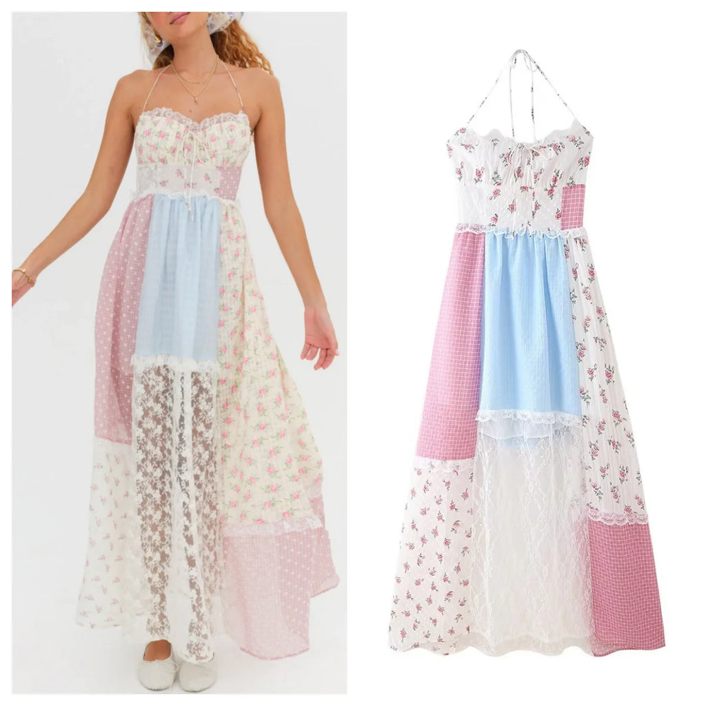 Backless Halter Neck Dress With Lace Stitching For Summer