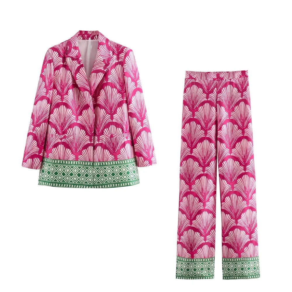 Women's Silk Texture Printed Pajama Style Suit Coat and High Waist Straight Trouser Set in vibrant pink and green design.