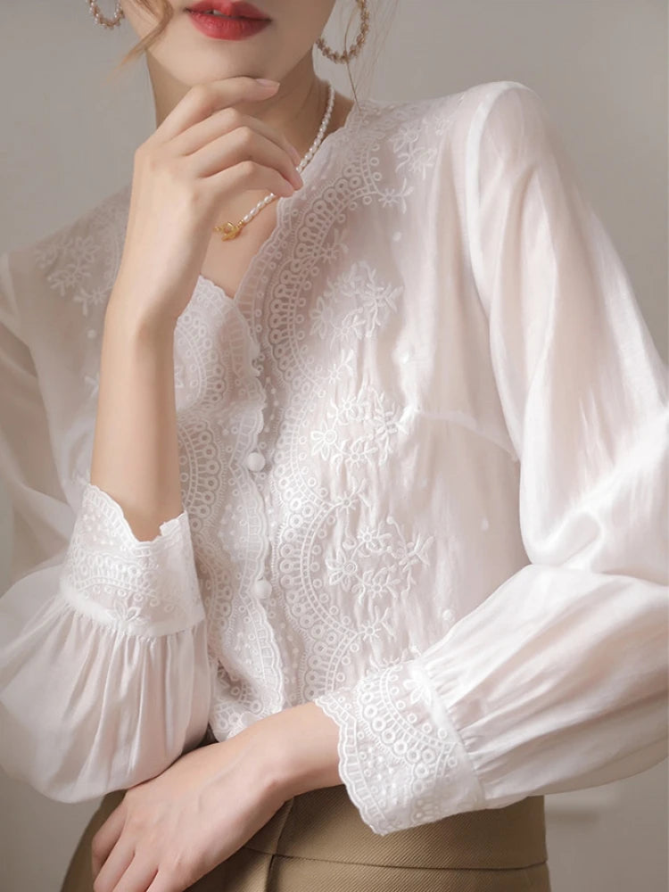 Elegant French Embroidery Flower Lace V Neck Linen Blouse, long sleeve, loose fit, perfect for autumn casual outfits.