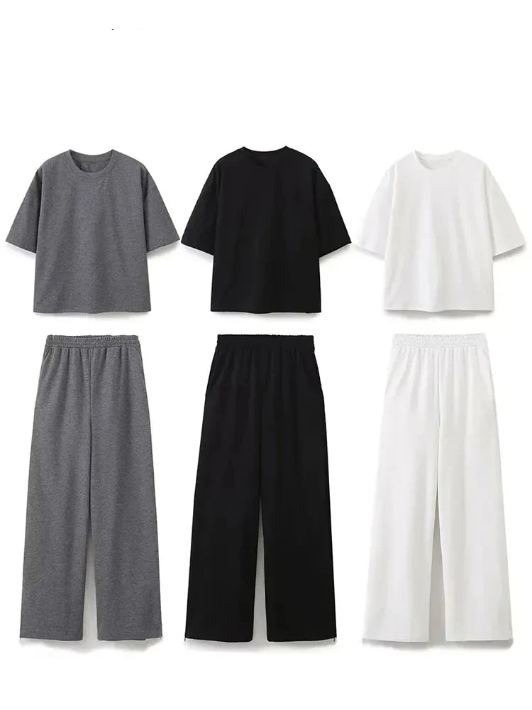 Stylish Women Casual Solid Shirt and Pant Set Short Sleeve O Neck T-Shirt with Side Hem Zipper Straight Trousers by TRAFZA.