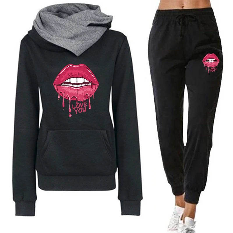 Women's Jogging Set With High Collar Hoodie And Pants