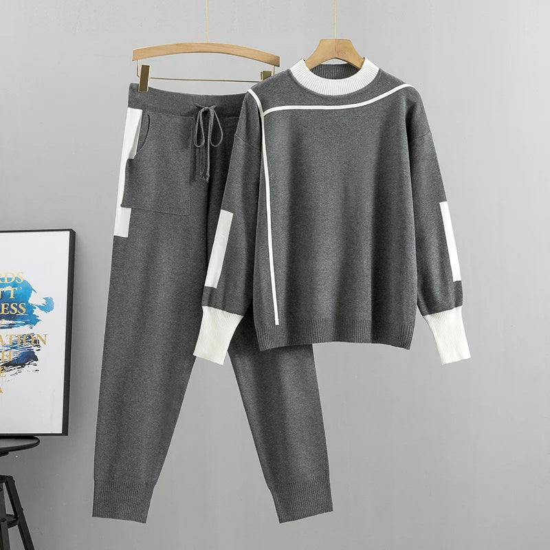 Stylish Women’s Knitted Two-Piece Set Long Sleeve Pullover Sweater and Pants Casual Patchwork Outfit for Autumn and Spring.