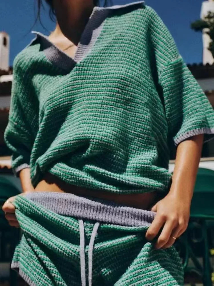 High Waisted Knit Shorts Set For Women Two Piece Polo Neck Outfit